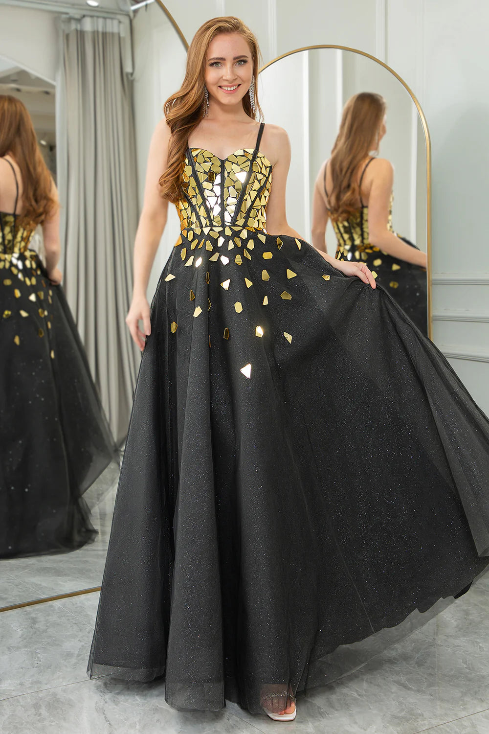 Black Golden A Line Spaghetti Straps Sequins Long Corset Mirror Prom Dress